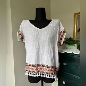 Embroidered Boho Cream LinenTop with Multicolor Accents Size Small